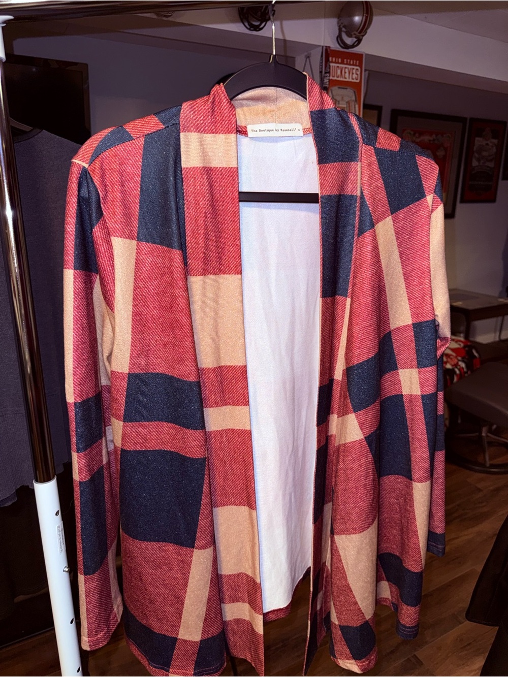 Boutique Oversized Plaid Cardigan Small Red Black Tan Fall Duster